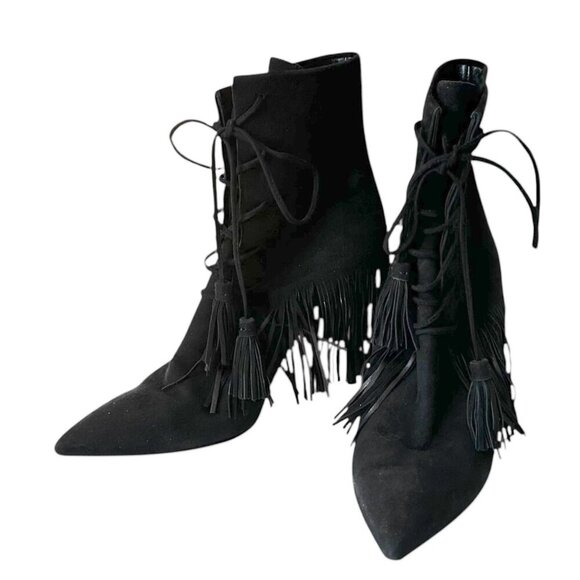 AQUAZZURA Mustang 105 Fringe Heeled‎ Ankle Boots In Black Suede, Size 37 EU - Picture 1 of 12